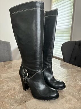 Michael Kors Black Leather Tall Heeled Riding Boots with Silver Accent